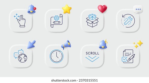 Recovery tool, Voting ballot and Cogwheel blueprint line icons. Buttons with 3d bell, chat speech, cursor. Pack of Move gesture, World communication, Time icon. Vector
