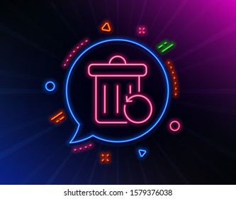 Recovery trash bin line icon. Neon laser lights. Backup data sign. Restore information symbol. Glow laser speech bubble. Neon lights chat bubble. Banner badge with recovery trash icon. Vector