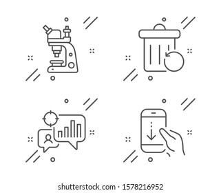 Recovery trash, Seo statistics and Microscope line icons set. Scroll down sign. Backup file, Analytics chart, Chemistry laboratory. Swipe phone. Business set. Line recovery trash outline icon. Vector