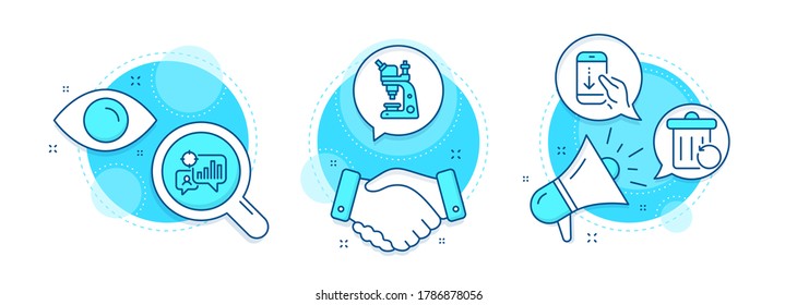 Recovery trash, Seo statistics and Microscope line icons set. Handshake deal, research and promotion complex icons. Scroll down sign. Backup file, Analytics chart, Chemistry laboratory. Vector