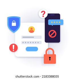 Recovery of username and password for account. Smartphone notification for update personal data. Forgot password, question for entering. Information security in internet flat vector illustration.