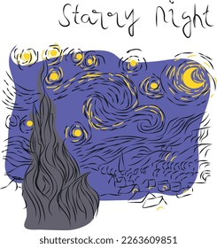 recreating famous painting from van gogh starry night with line art and messy style