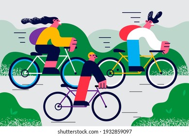 Recreation activity for family concept. Active family father mother and child enjoying riding on bikes on nature outdoors at forest park vector illustration