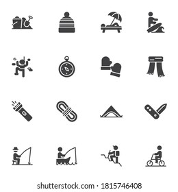 Recreation, activity vector icons set, modern solid symbol collection, filled style pictogram pack. Signs, logo illustration. Set includes icons as outdoor vacation, climbing, hiking, surfing, compass