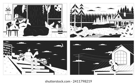 Recreation adults dusk black and white lofi wallpapers set. Sleepless night, cozy cabin 2D outline cartoon flat illustrations. Relax man dog, cat on roof vector line lo fi aesthetic backgrounds pack