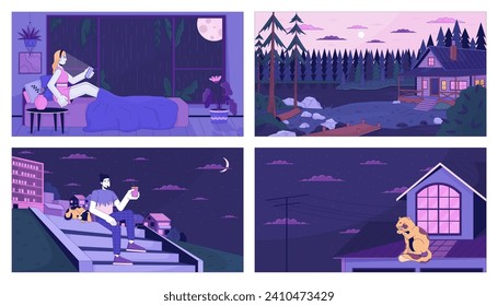 Recreation adults dusk lofi wallpapers set. Sleepless night, cozy cabin 2D cartoon flat illustrations collection. Relax man dog, cat on roof chill vector art pack, lo fi aesthetic colorful backgrounds