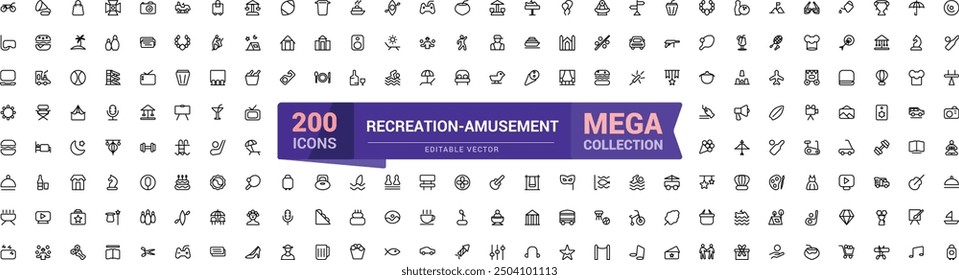 Recreation and Amusement line icon set. Mega collection of Entertainment icon. Outline symbols collection. Editable stroke. Vector illustration.