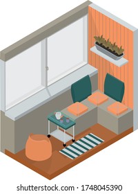 Recreation area in the apartment on the balcony. Apartment loggia with breakfast area. Soft sofas on the balcony. Style is isometry. Vector isolated illustration.