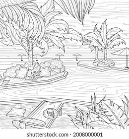 Recreation area by the pool.Coloring book antistress for children and adults. Illustration isolated on white background.Zen-tangle style. Hand draw