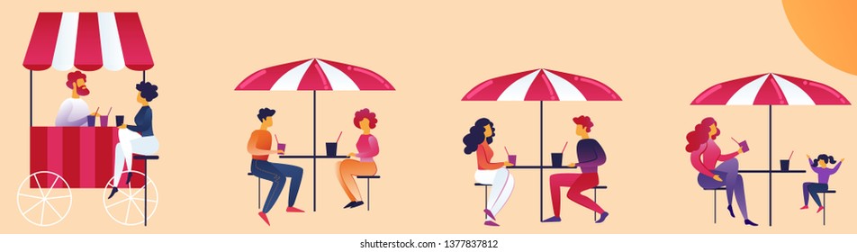 Recreation Area Food Court Cartoon Illustration. People Sit at Tables on Street and Drink Cocktails with Straw. People Spend Holidays with Friends and Families. Parents with Children Attend Cafe.