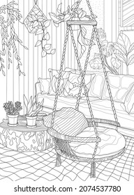Recreation area interior and swing   plants  Coloring book for adults  The interior the room  Black   white illustration 