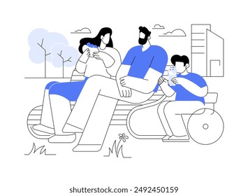 Ilustraciones vectoriales de dibujos animados aisladas de la zona del Ocio. Padres y niños en una silla de ruedas sentados en un banco, estilo de vida de las personas con discapacidad, día de Ocio, entorno sin barreras de dibujos animados de Vector.