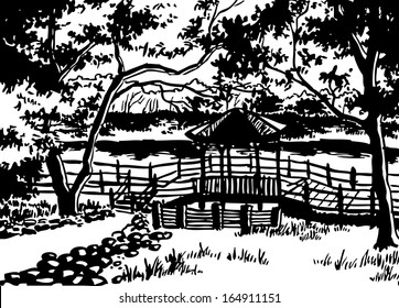 recreation area in a shadow of trees. drawing ink on paper