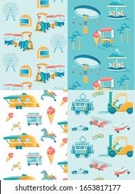 Recreation and Attraction Park for Children Seamless Pattern. Carousels, Toys, Street Market Stall and Kiosk with Sweets and Snack, Tickets Box. Endless Design. Vector Repeated Illustration