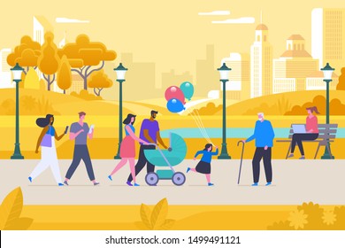 Recreation in autumn park flat vector illustration. Happy men, women and kid outdoors cartoon characters. Parents with pram and young couple on stroll. Girl with grandfather, woman working with laptop