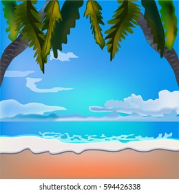 Recreation background. Beach with palm trees and blue sea. Vector, azure ocean with blue sky and sand