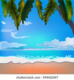 Recreation background. Beach with palm trees and blue sea. Vector, azure ocean with blue sky and sand