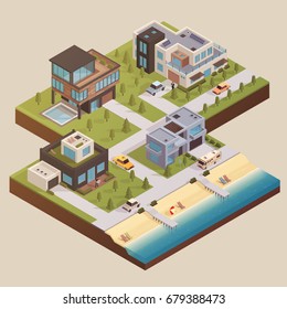 Recreation beach resort facilities with residential area buildings family house with swimming pool isometric composition vector illustration 