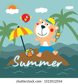 recreation bear on the beach,hello summer funny animal cartoon,vector illustration