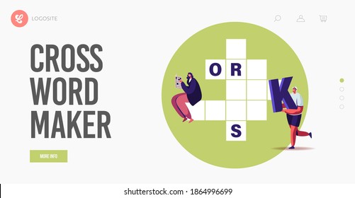 Recreation, Brain Training, Puzzle Solving Landing Page Template. Tiny Characters Put Huge Letters in Empty Crossword Boxes. People Solve Riddle, Thinking on Logic Game. Cartoon Vector Illustration