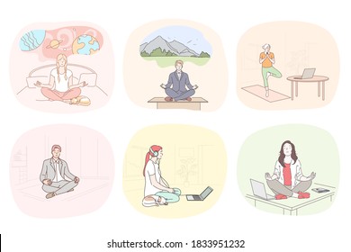 Recreation, business, healthcare, antistress, meditation set concept. Collection of businessmen women cartoon characters resting at home and practicing yoga in office. Healthy lifestyle illustration.