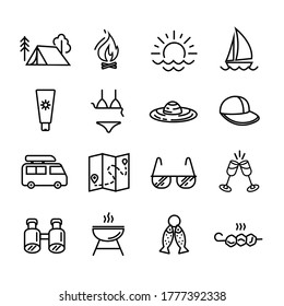 Recreation, camping and travel. A set of vector icons. Bold black outline isolated on a white background.