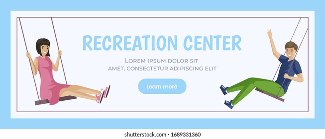 Recreation center vector banner template with text space. Boy and girl sitting on a swing and swinging flat illustration. Having fun outdoor during summer weekends and holidays web page concept.