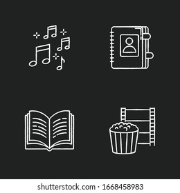 Recreation chalk white icons set on black background. Musical notation. Sound notes. Personal diary. Movie night. Hobbies for relaxation. Leisure activities. Isolated vector chalkboard illustrationss