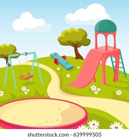 Recreation children park with play equipment vector illustration