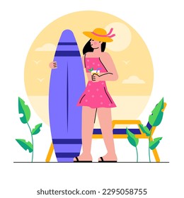 Recreation concept. Handsome woman in hat with glass in hand stands with surfboard on beach by sea in front of sun lounger. Cartoon Vector flat illustration