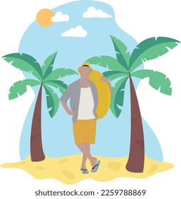 Recreation concept man on the sea with a circle in a hat with palm trees vector illustration