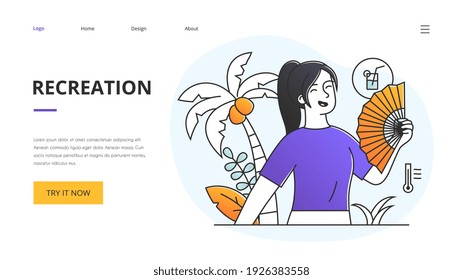 Recreation concept with young woman relaxing with a fan against a tropical background with palm trees and cocktail, colored outline vector illustration. Website, web page, landing page template
