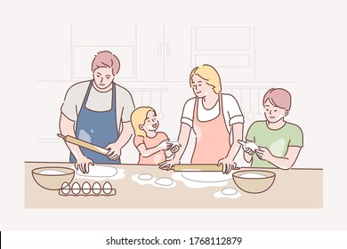 Recreation, Cooking, Fatherhood, Motherhood, Childhood Concept. Characters Young Man Dad Woman Mom Children Kids Son Daughter Baking On Kitchen Together. Family Leisure Activity Fathers Mothers Day.