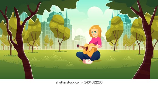 Recreation and enjoying music hobby in modern metropolis cartoon vector concept. Happy smiling young, blonde woman, sitting on lawn grass, resting, playing on acoustic guitar in city park illustration