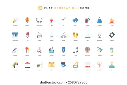 Recreation, entertainment and leisure on weekends, free time color icon set. Hobby and gaming activities, shopping and sports, gambling and beach vacation, pool party flat elements vector illustration