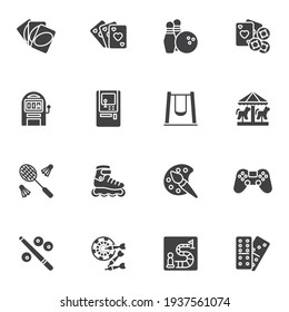 Recreation and entertainment vector icons set, modern solid symbol collection, filled style pictogram pack. Signs, logo illustration. Set includes icons as arcade game, bowling, carousel, playing card