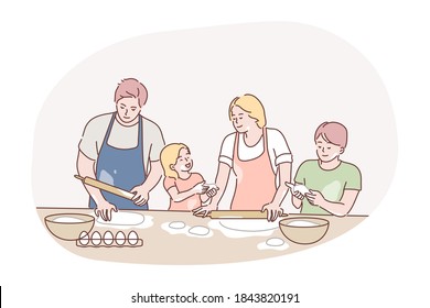 Recreation, Fatherhood, Cooking, Family Day, Motherhood Concept. Family Man Dad Woman Mum Children Kids Son Daughter Cookers Preparing Pie On Kitchen Together. House Bakery On Fathers And Mothers Day.