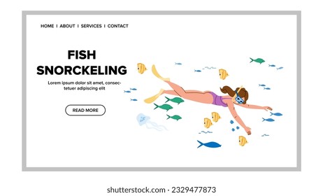 recreation fish snorkeling vector. underwater water, dive ocean, reef marine recreation fish snorkeling web flat cartoon illustration