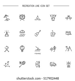 Recreation flat icon set. Collection of high quality outline symbols of sports and tourism for web design, mobile app. Vector thin line icons or logo of forest, fishing, beach, sea, etc. 