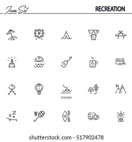 Recreation flat icon set. Collection of high quality outline symbols of sports and tourism for web design, mobile app. Vector thin line icons or logo of forest, fishing, beach, sea, etc. 