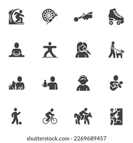 Recreation and hobby vector icons set, modern solid symbol collection, filled style pictogram pack. Signs, logo illustration. Set includes icons as climbing, guitar playing, walking, surfing, sport