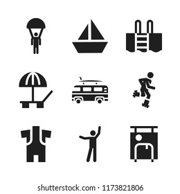recreation icon. 9 recreation vector icons set. sunbed, stretching and wetsuit icons for web and design about recreation theme