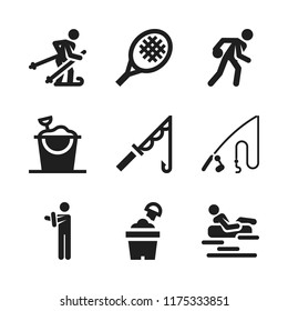 recreation icon. 9 recreation vector icons set. sand bucket, fishing and fishing rod icons for web and design about recreation theme