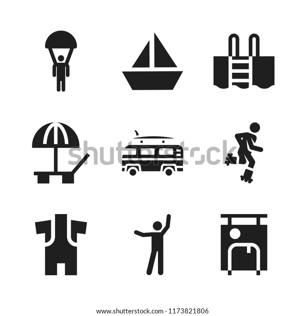 recreation icon. 9 recreation vector icons set.\
sunbed, stretching and wetsuit icons for web and design about\
recreation theme