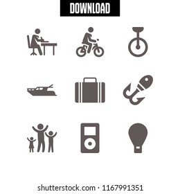 recreation icon. 9 recreation vector set. hot air balloon, writing, biking and unicycle icons for web and design about recreation theme