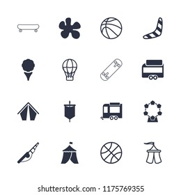 Recreation icon. collection of 16 recreation filled and outline icons such as boomerang, paintball, fishing rod, golf, tent. editable recreation icons for web and mobile.