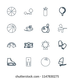 Recreation icon. collection of 16 recreation outline icons such as pool, ice skate, trailer, golf ball, windsurfing, bowling. editable recreation icons for web and mobile.