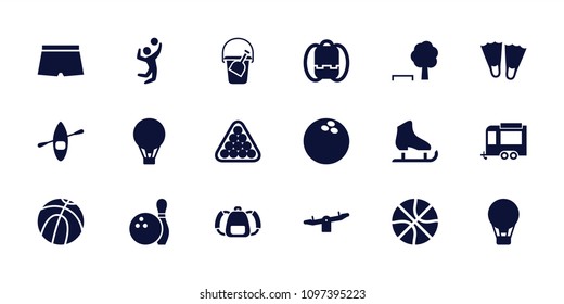 Recreation icon. collection of 18 recreation filled icons such as swing, billiards, backpack, basketball, flippers, air balloon. editable recreation icons for web and mobile.