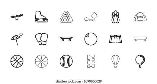 Recreation icon. collection of 18 recreation outline icons such as swing, ice skate, boxing gloves, bowling ball, basketball. editable recreation icons for web and mobile.