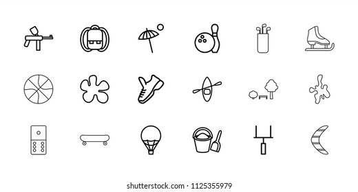 Recreation icon. collection of 18 recreation outline icons such as backpack, paintball, goal post, trainers, bowling, umbrella. editable recreation icons for web and mobile.